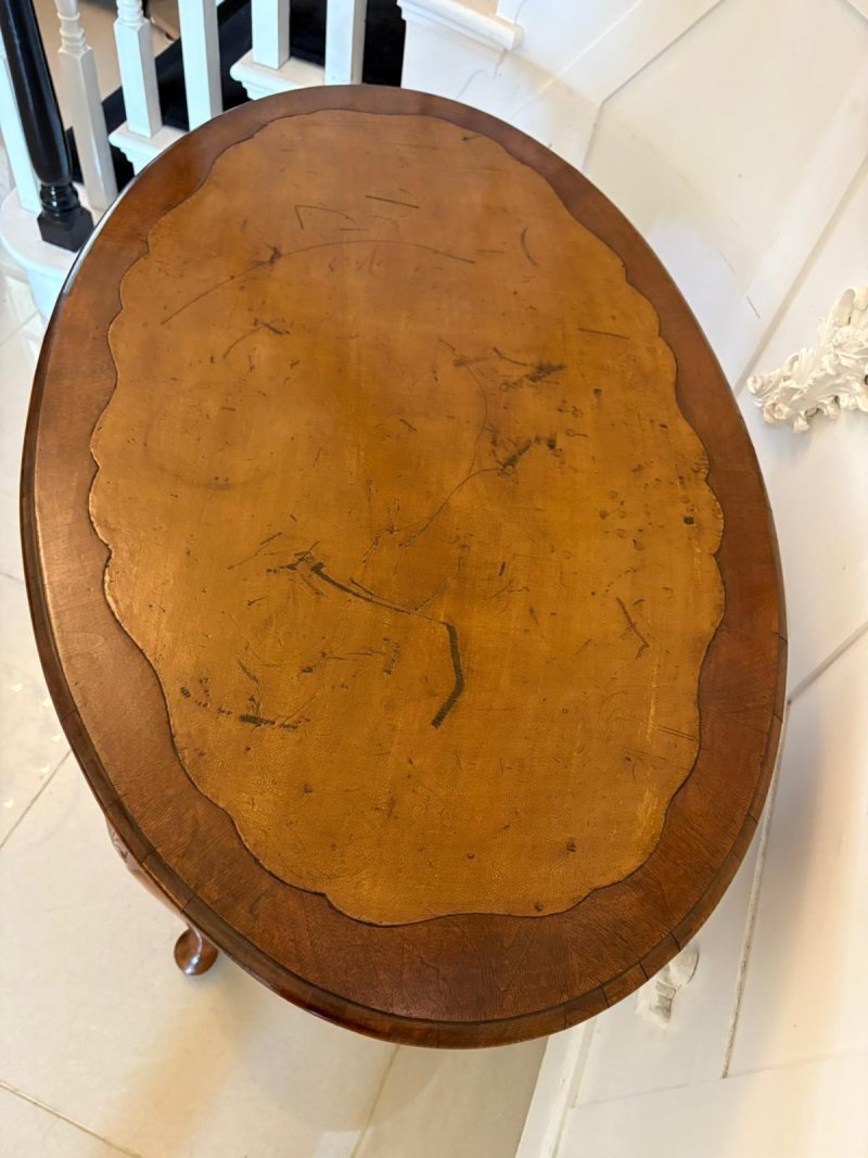 Antique Edwardian Quality Burr Walnut Freestanding Oval Shaped Writing Table - Image 4